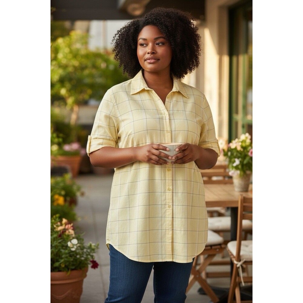 Essentials by Maggie Women’s Plus Size 18/20W Yellow Windowpane Button Front